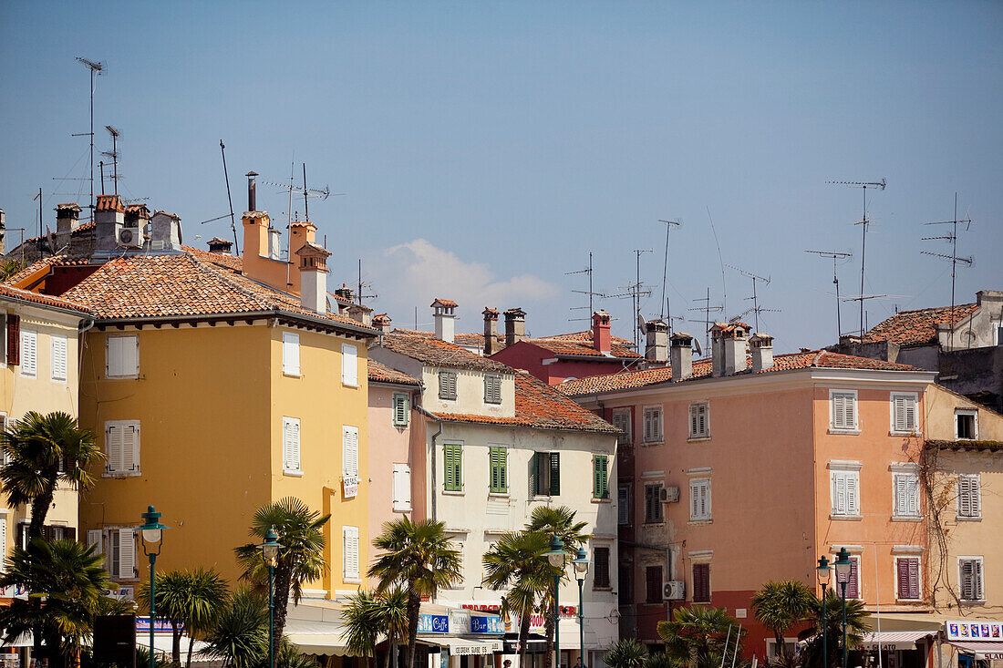 Harbour side buildings in Old Town Rovinj, Istria, Croatia.