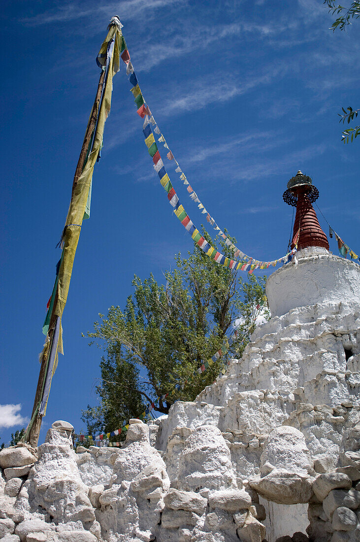 Gomang Stupa festooned with prayer flags in Leh. Leh was the capital of the Himalayan kingdom of Ladakh, now the Leh District in the state of Jammu and Kashmir, India. Leh is at an altitude of 3,500 meters (11,483 ft).