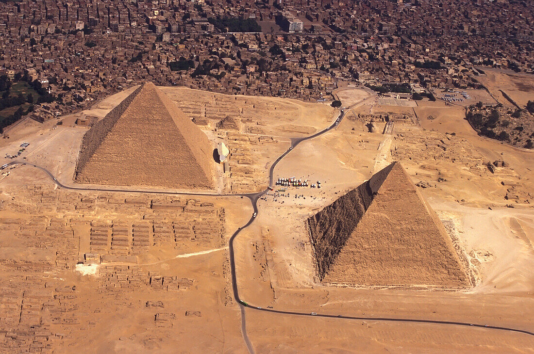 Aerial View Of Great Cheops & Chaphren Pyramids, Giza, Egypt; Giza, Egypt