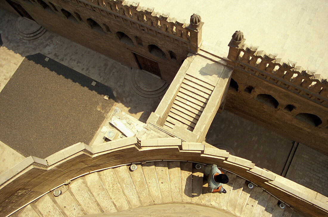High Angle View Of A Man Descending Minaret Of Ibn Tulun Mosque, Cairo, Egypt; Cairo, Egypt