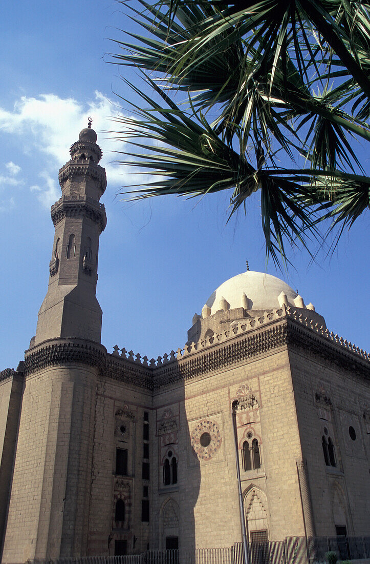 Low Angle View Of Minaret And Dome Of Sultan Hassan Mosque With Palm Tree, Kairo, Ägypten; Kairo, Ägypten