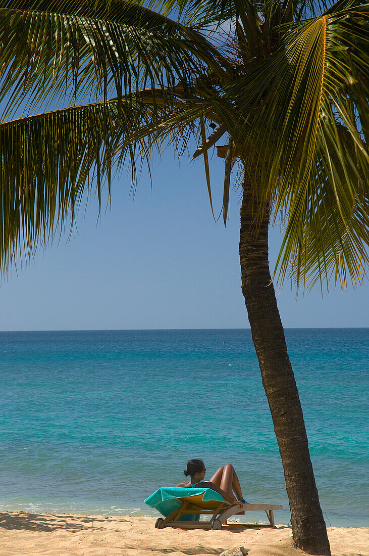 Eine Frau sonnt sich in der Nähe einer Palme am Magazinstrand; Insel Carriacou, Grenada
