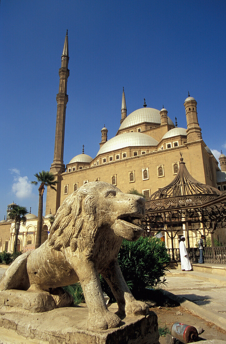Niedriger Blickwinkel auf die Muhammad Ali Moschee und die Löwenskulptur, die Zitadelle, Kairo, Ägypten; Kairo, Ägypten