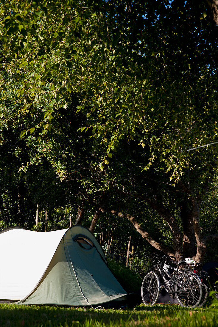 Bikes And Tent In A Campsite, Mutriku, Basque Country, Spain