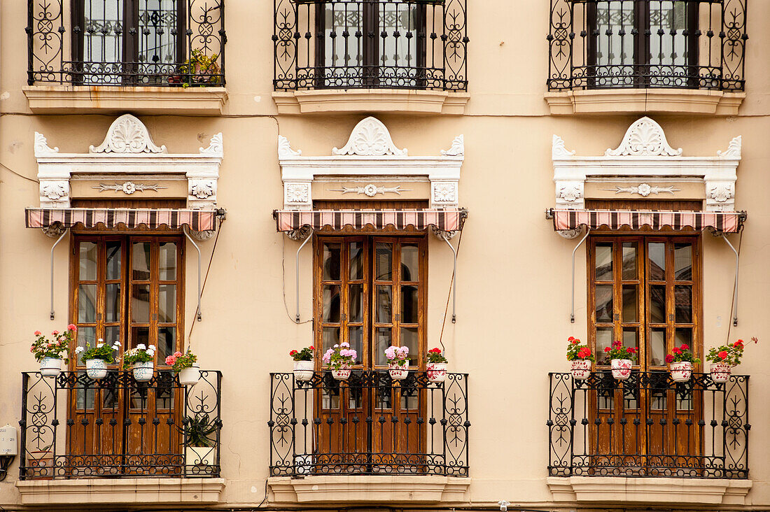 Balconies With Flowers, San Sebastian, Basque Country, Spain