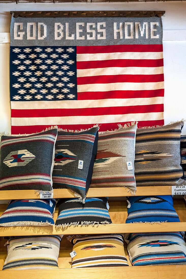 God Bless America Flag And Pillows At Ortega's Weaving Shop, New Mexico, Usa