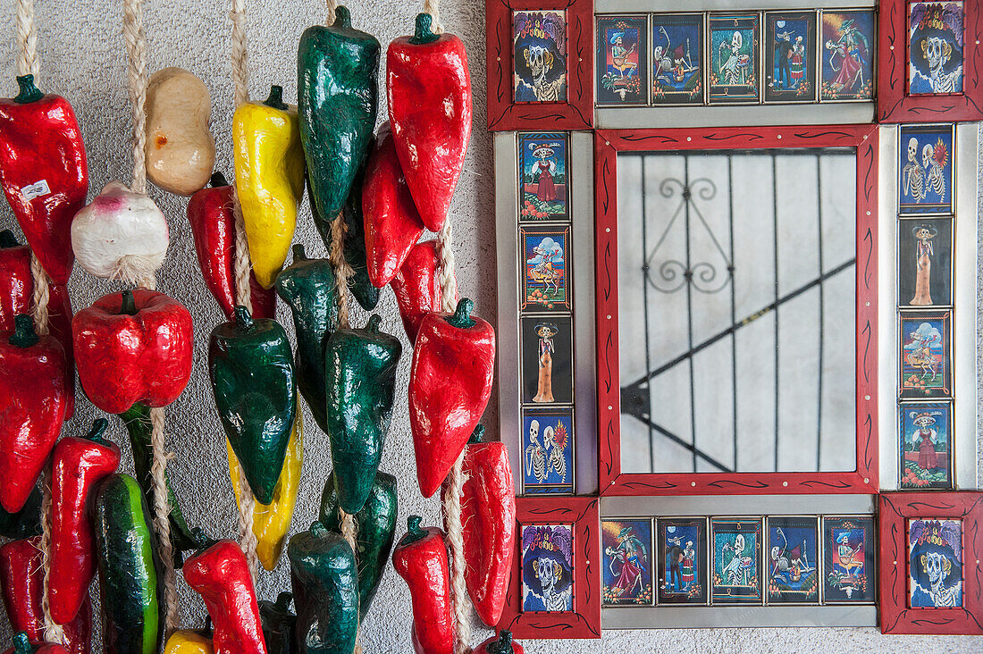 Decorative Red, Green And Yellow Chili Peppers Outside A Shop, Santa Fe, New Mexico, Usa