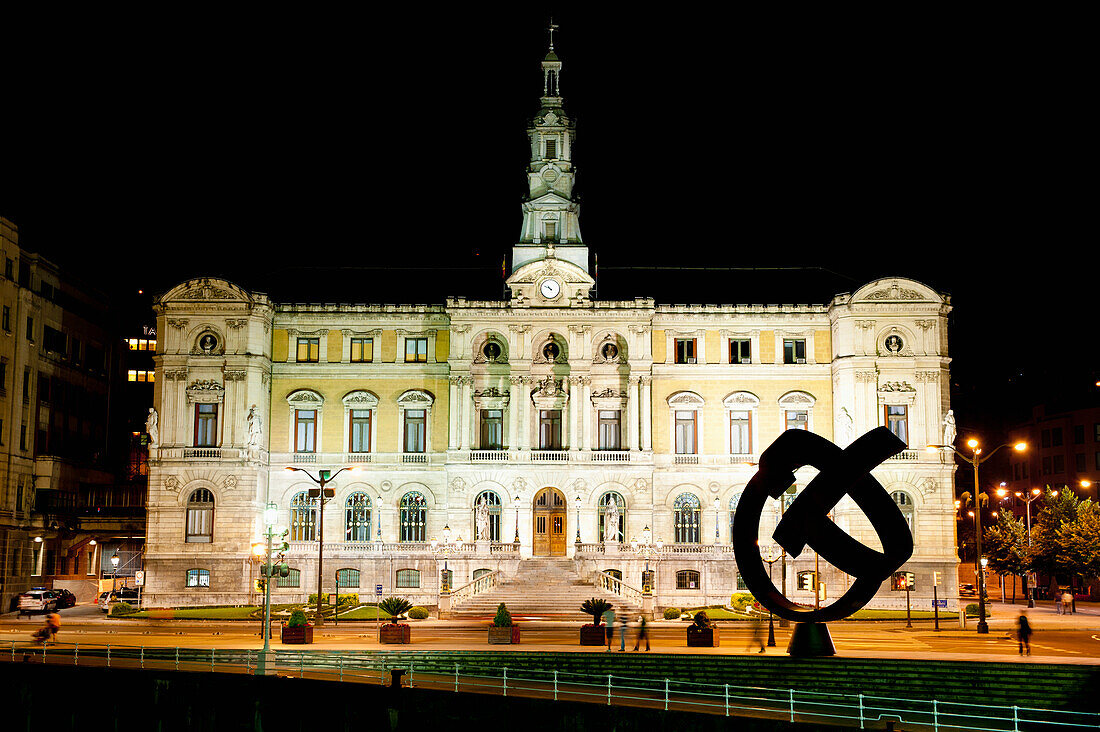 Town Hall At Night And Jorge Oteiza Sculpture, Bilbao, Basque Country, Spain