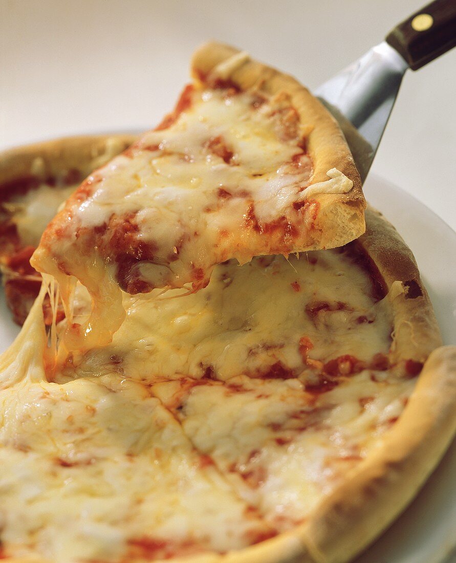 Pizza margherita (Tomaten-Käse-Pizza);ein Stück auf Heber