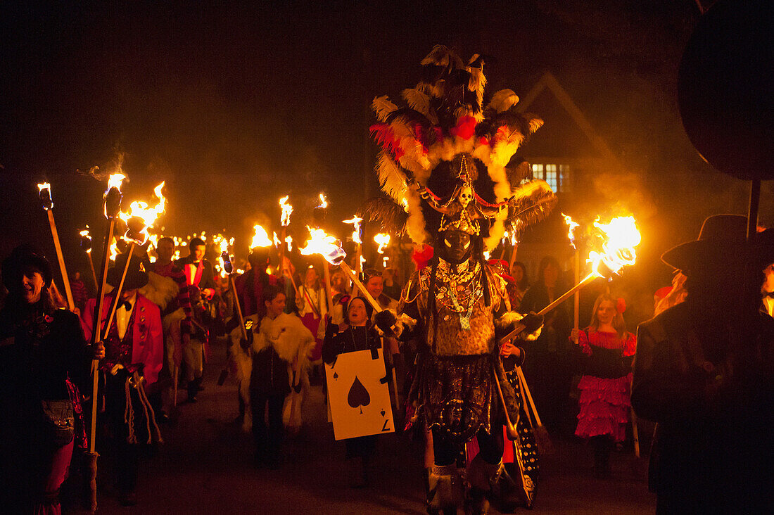 Man Dressed As Zulu Warrior In Procession At Barcombe Bonfire Night, Barcombe, East Sussex, Uk