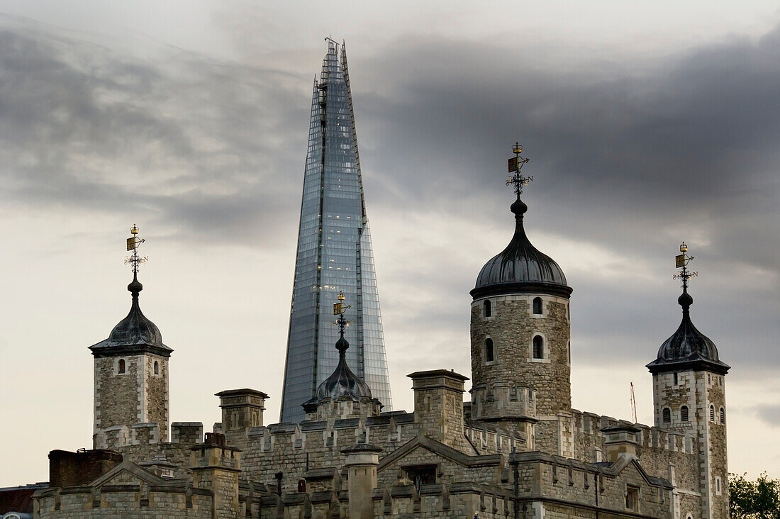 United Kingdom, Shard building in background; London, View of Tower of London