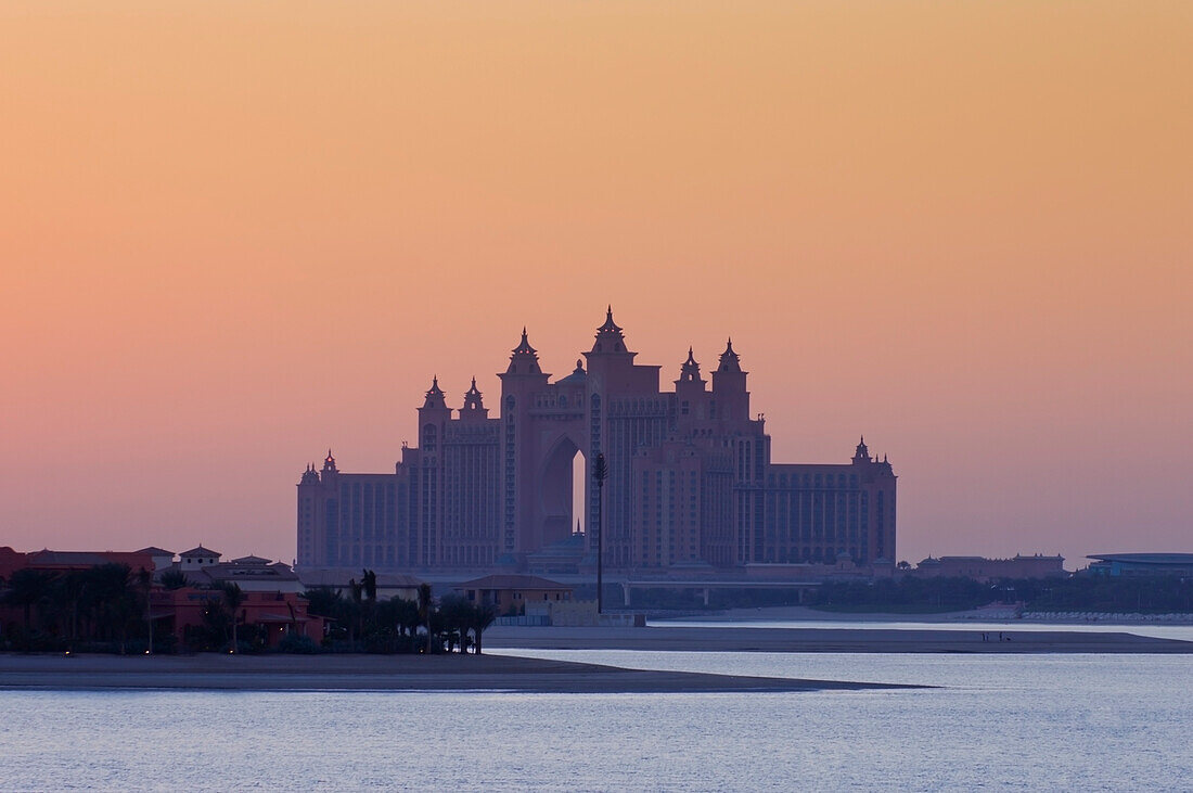 United Arab Emirates, View of Atlantis Hotel at dusk; Dubai