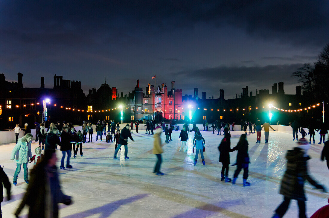 United Kingdom, People on ice skating pool in Hampton Court; London