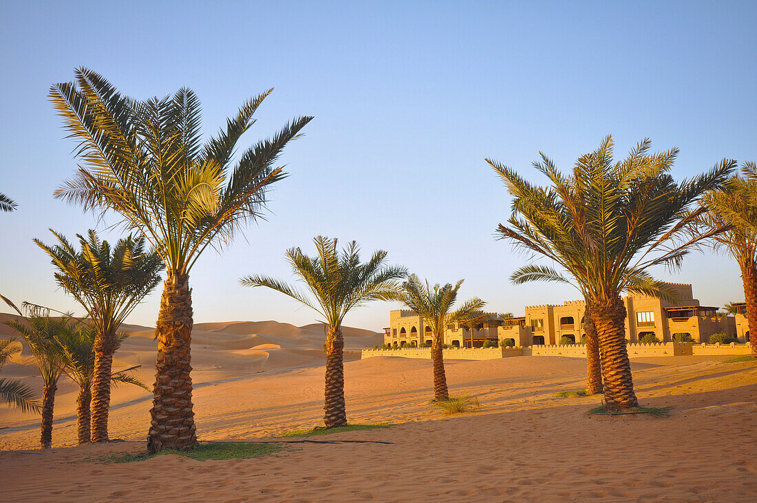United Arab Emirates, Abu Dahbi, Qasr al Sarab, Liwa desert, Qasr al Sarab hotel with palm trees