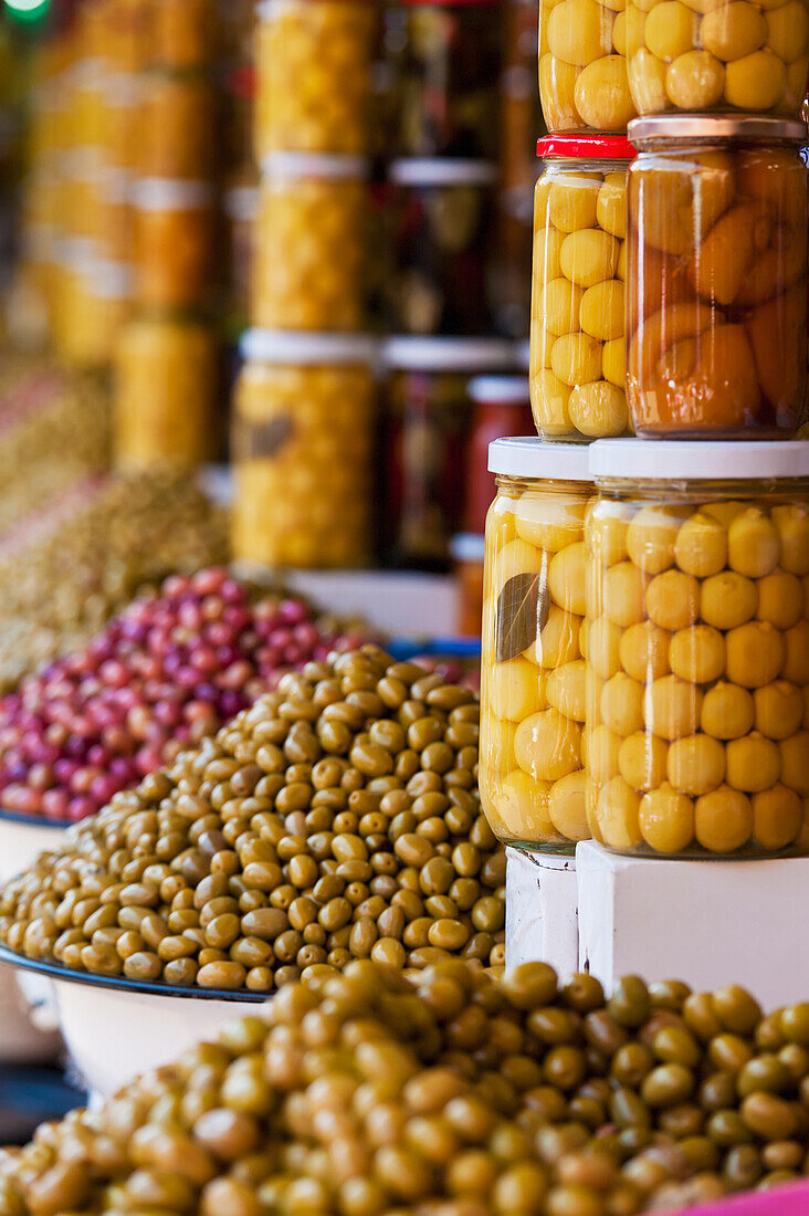Morocco, Preserved fruits and vegetables for sale; Marrakech