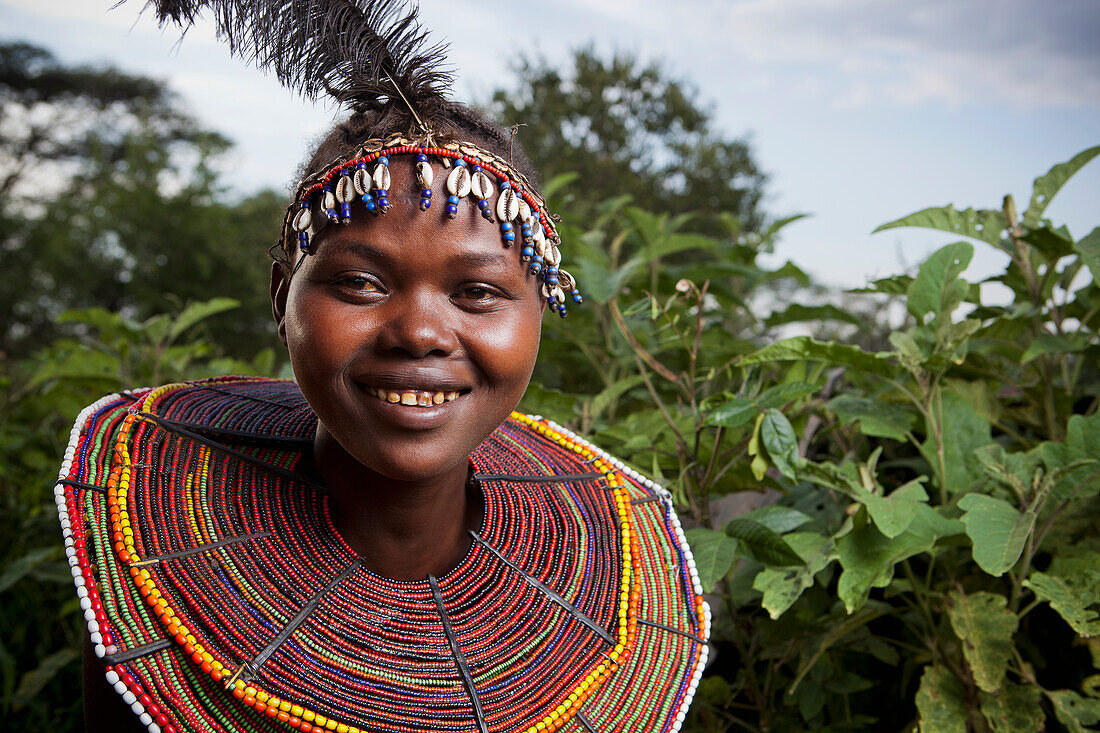 Kenya, Lake Baringo; Rift Valley, Portrait of traditionally dressed woman from Pokot tribe