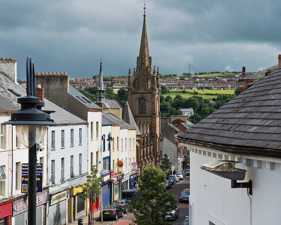 United Kingdom, Northern Ireland, County Londonderry, Elevated view of Carlisle Road and Presbyterian Church; Derry