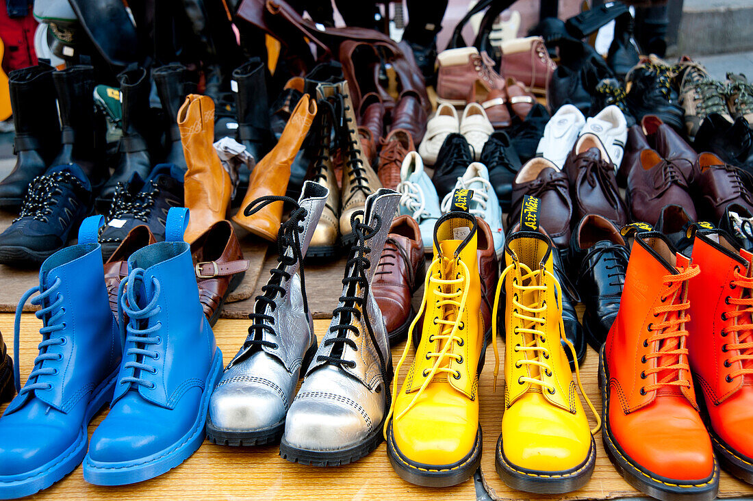 Coloured Dr Marteens Boots On Display At Brick Lane Market, East London, London, Uk