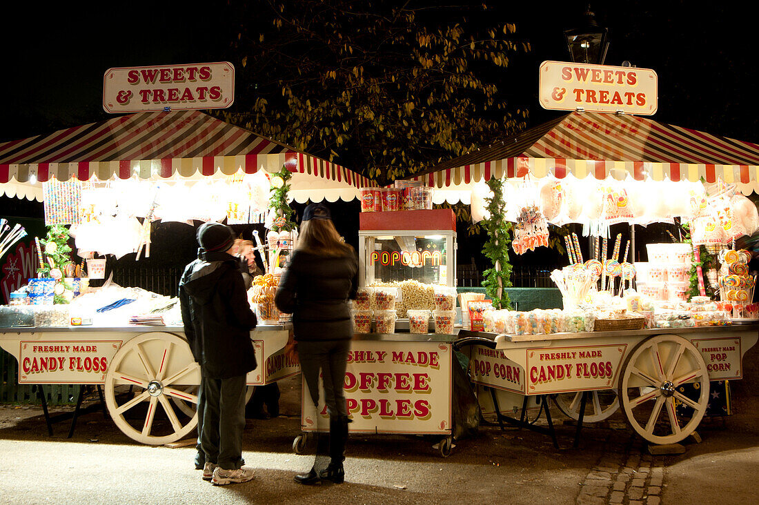 Candy Shop In Hyde Park's Winter Wonderland At Night, London, Uk