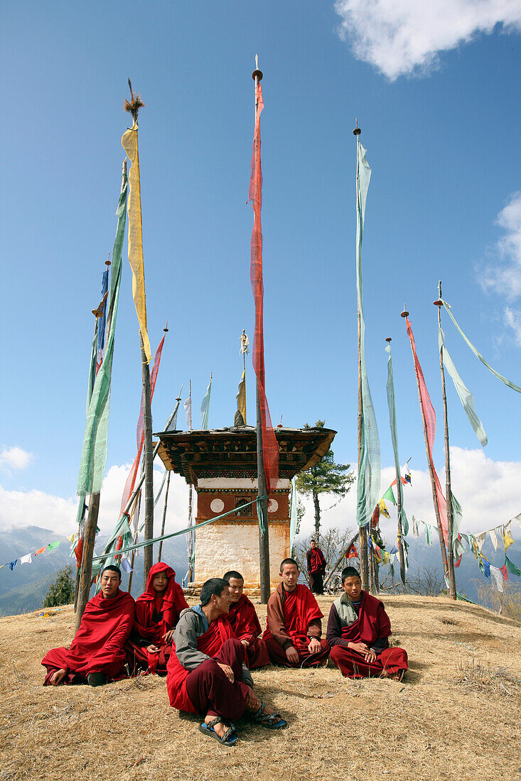 Buddhist Monastery And Prayer Flags, Above The Paro Valley, Bhutan