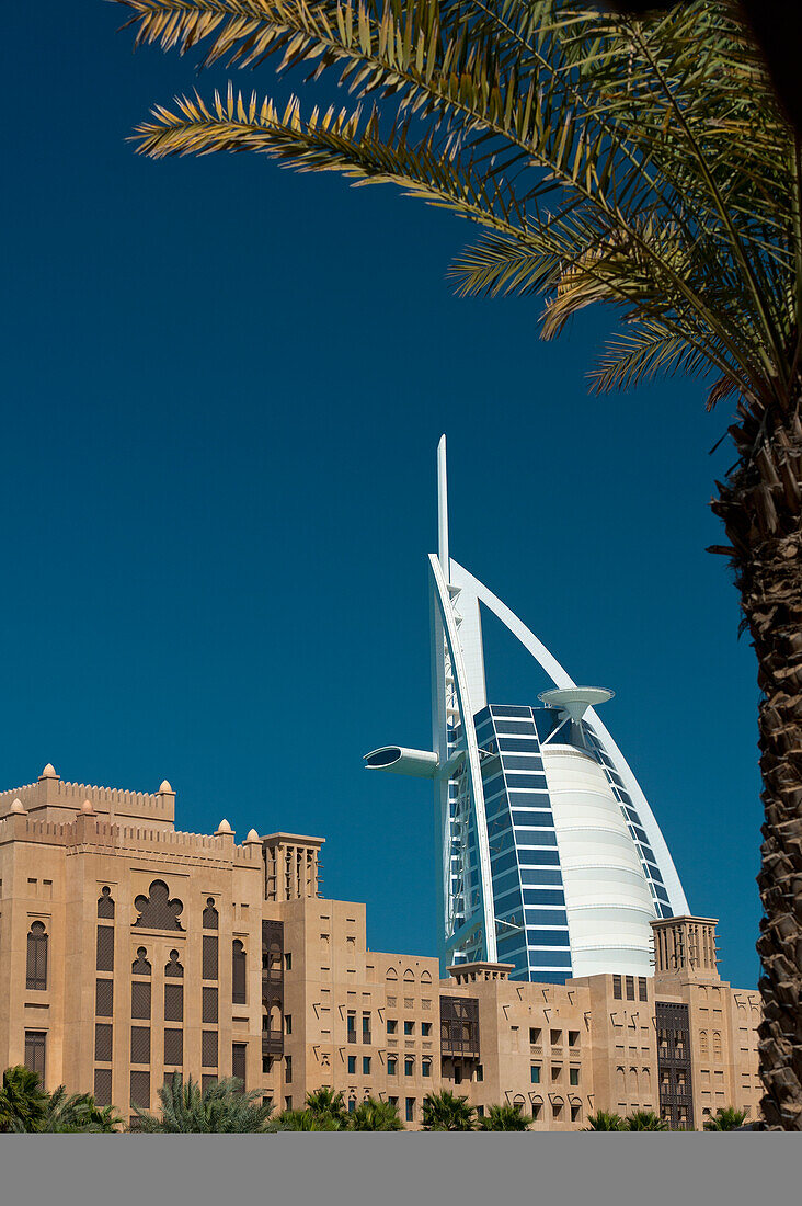 UAE, Madinat Jumeirah Hotel with the Burj Al Arab Hotel behind; Dubai
