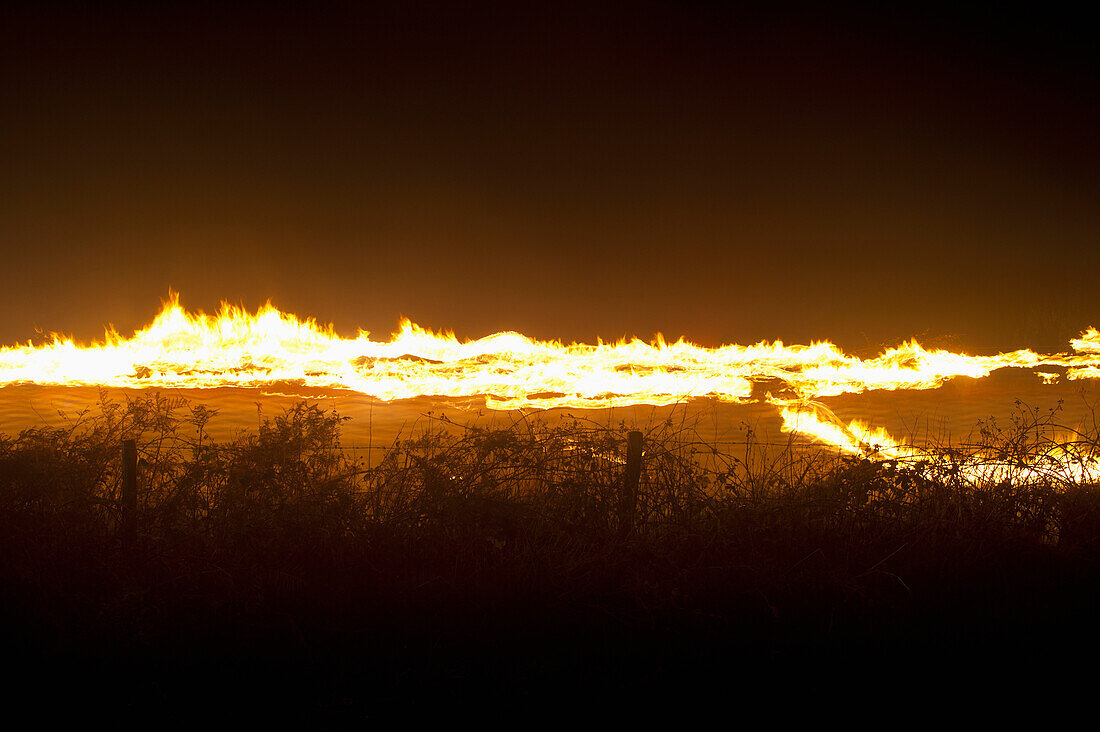 UK, Barcombe Bonfire Night; East Sussex, Langzeitbelichtung von Menschen mit brennenden Fackeln, die eine Gasse entlang gehen