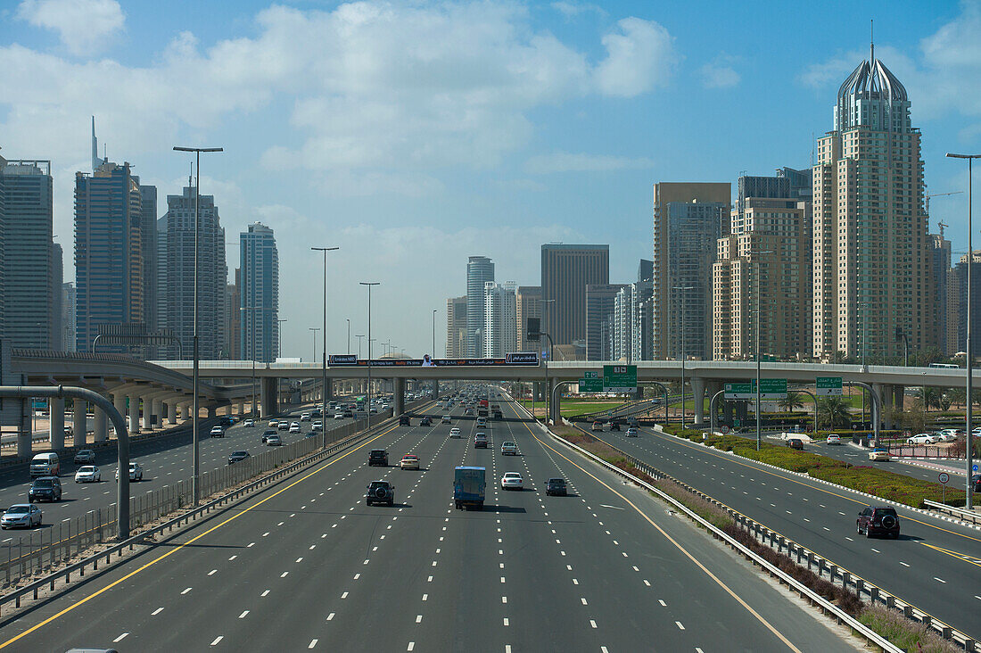 UAE, Looking along Sheik Zayed road to the Dubai Marina area; Dubai