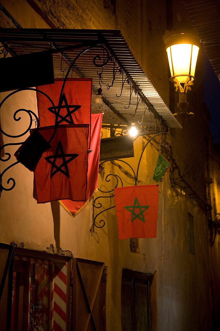 Moroccan National Flags Hanging In The Medina; Marrakesh, Morocco