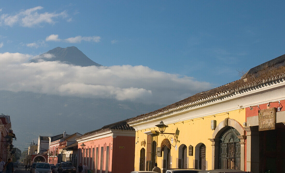 City Street And Agua Volcano Antigua Guatemala