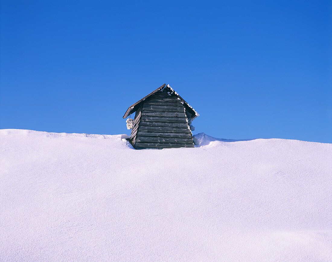 Detail eines Scheunendachs im Winterschnee. Mouthe. Jura Gebirge. Franche Comt