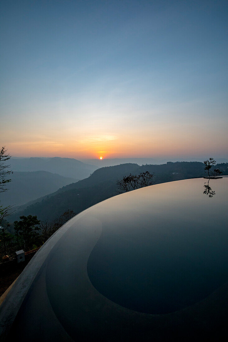 Prakriti Shakti Naturopathy Retreat with infinity pool and tree at dawn; Kochi, Kerala, India