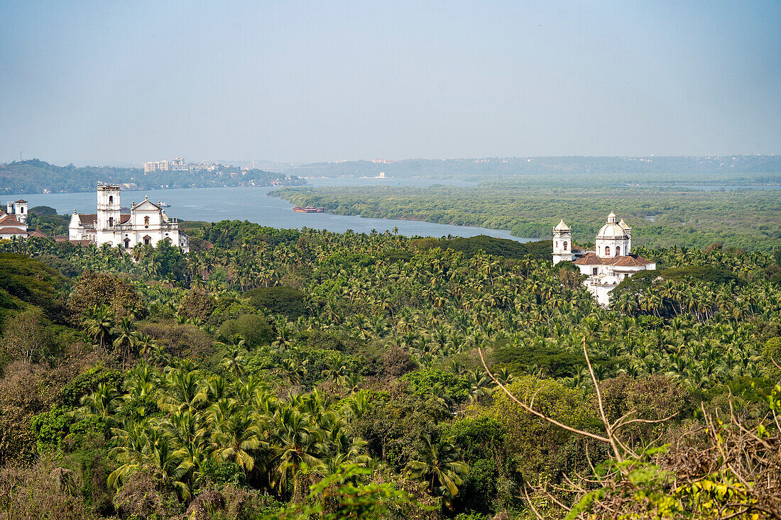 Die Kathedrale von Se (S?atedral de Santa Catarina) auf der linken Seite und die Kirche von St. Cajetan auf der rechten Seite, umgeben von tropischen Palmenhainen entlang des Mandovi Flusses in Velha Goa; Old Goa, Goa, Indien