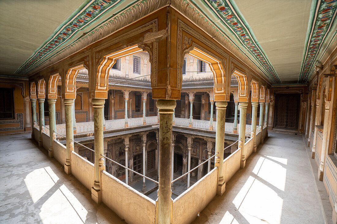 Internal balcony around the courtyard of a Painted Haveli; Nawalgarh, Shekawati, Rajasthan, India