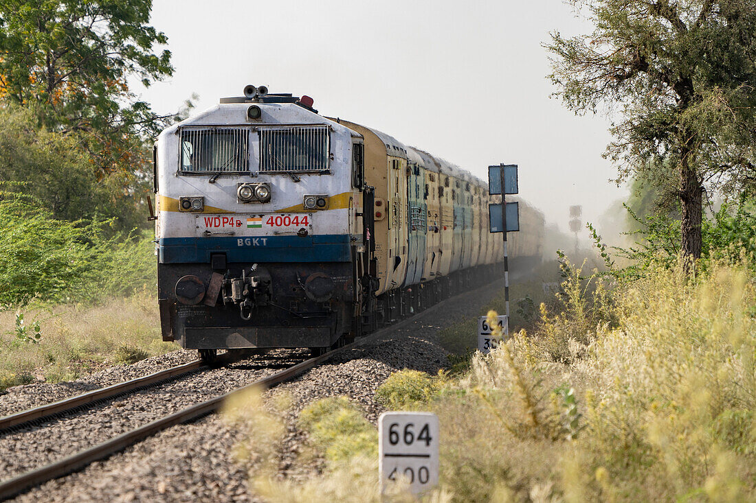 Close-up of train approaching crossing in Rural Village; Pali District, Rajasthan, India