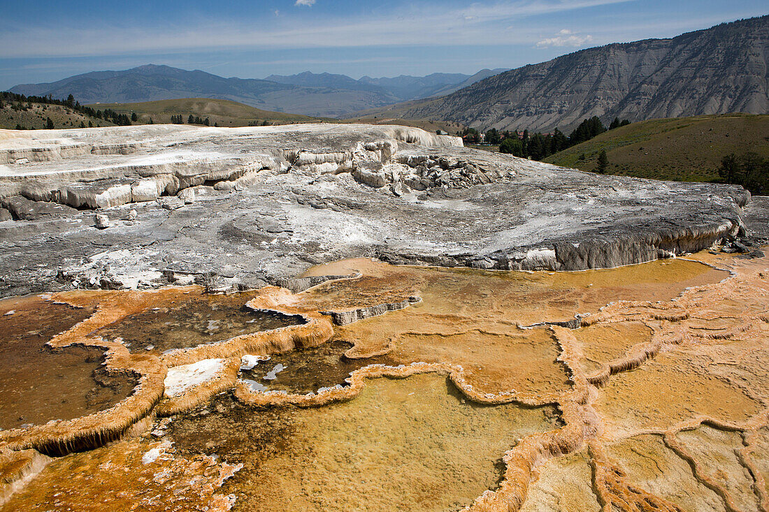 Water collects on the hill of travertine at Mammoth Hot Springs, a geothermal feature and area in Yellowstone National Park.; Yellowstone National Park, Wyoming, United States of America