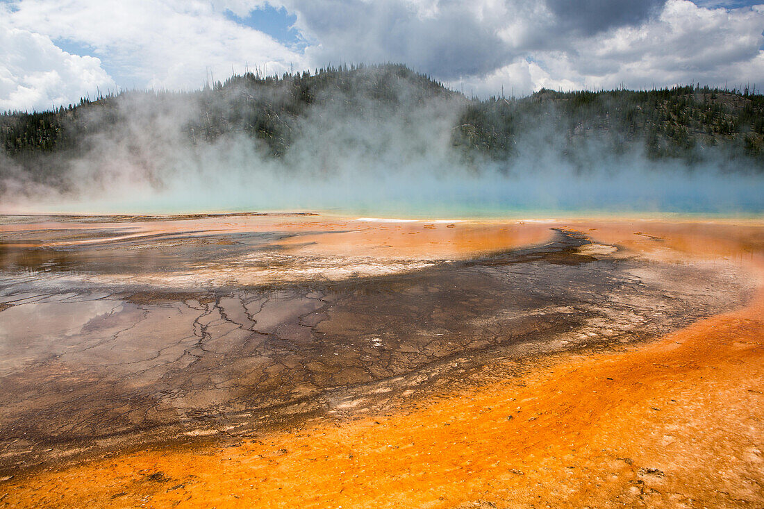Steam rises above the vivid colors and mineral deposits of Grand Prismatic Spring, a geothermal feature in Yellowstone National Park.; Yellowstone National Park, Wyoming, United States of America