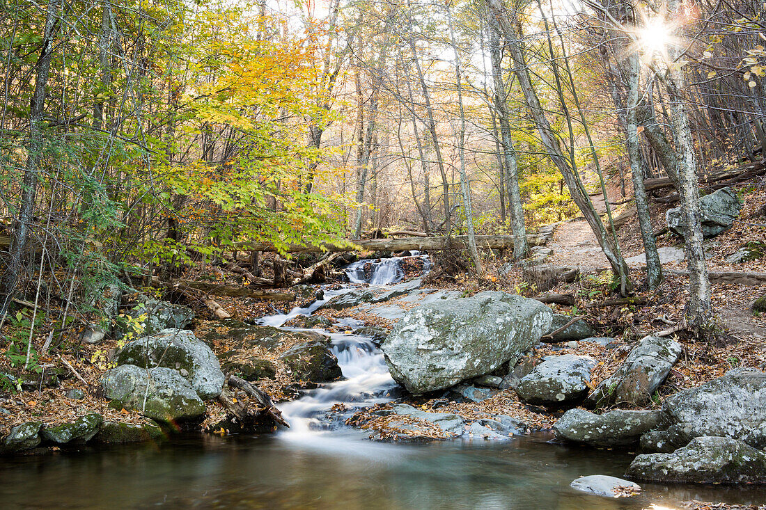 The sun bursts through colorful autumn foliage and a waterfall meanders around rocks along Dark Hollow Falls Hiking Trail in Shenandoah National Park.; Gobi Gurvansaikhan National Park, Virginia, United States of America