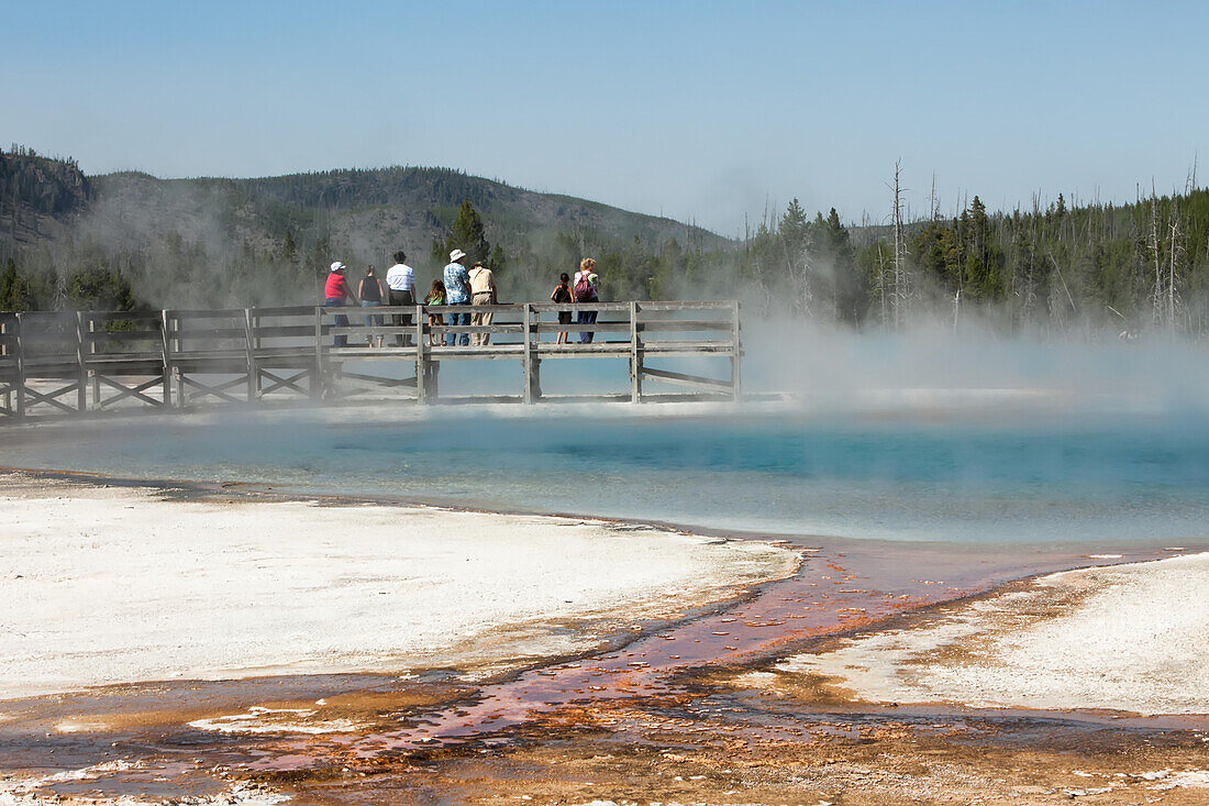 Tourists on a boardwalk observing and photographing geothermal features in a geyser basin.; Yellowstone National Park, Wyoming