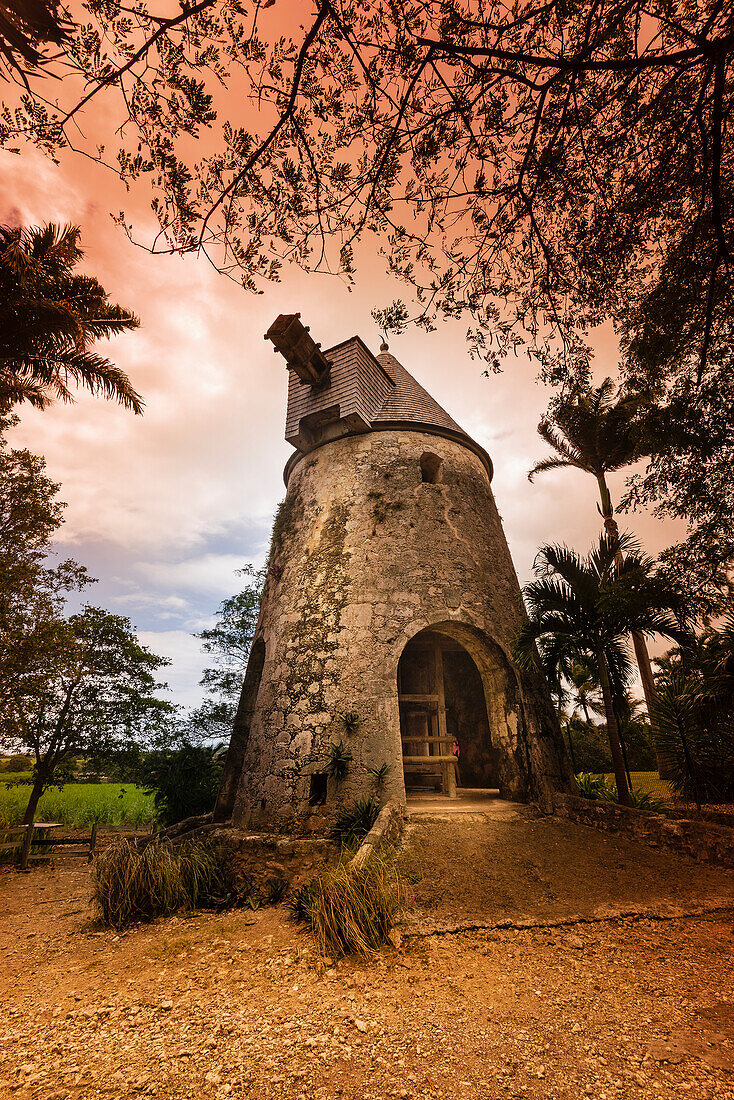 Old windmill on the grounds of the Damoiseau Distillery, remains of what was once used to power the sugar mill, Le Moule on Grande-Terre; Guadeloupe, French West Indies