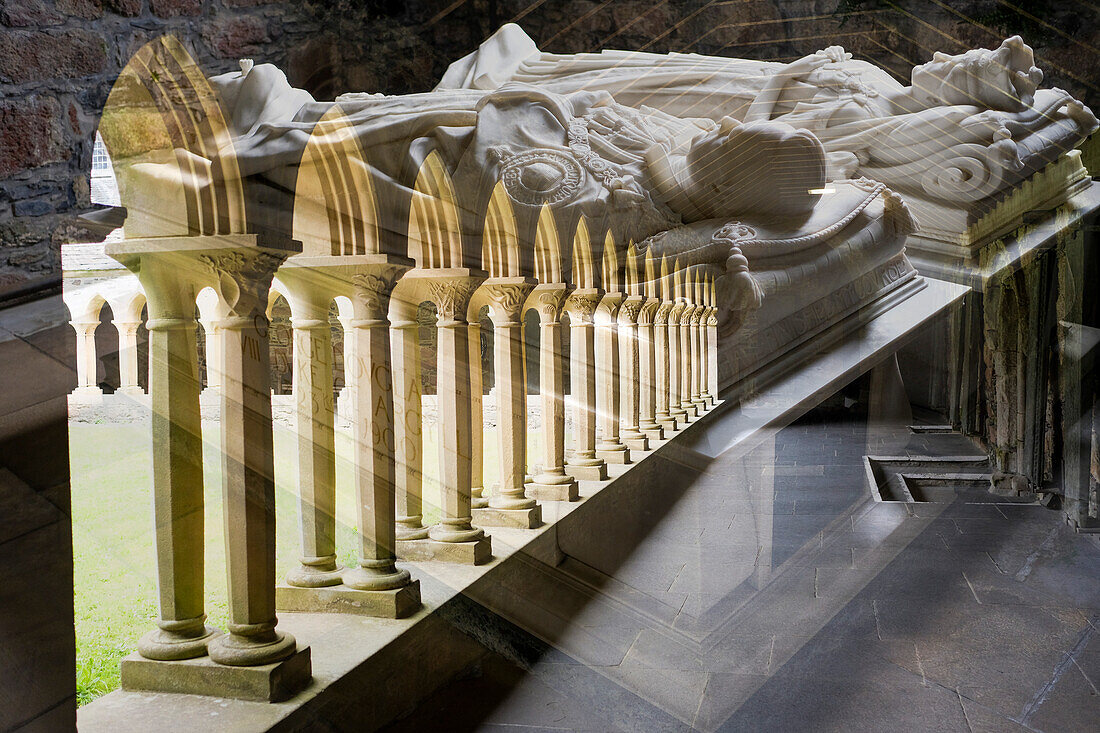 Double exposure image of a crypt and cloisters inside the Benedictine Abbey on Iona, Scotland; Iona, Scotland