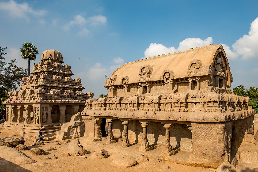 The Arjuna and Bhima Rathas, two of the Five Ratha granite carved monoliths at Mahabalipuram; Chengalpattu, Tamil Nadu, India