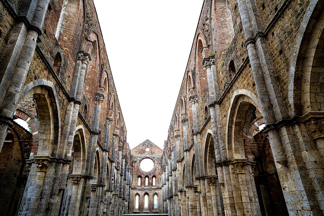 Dachlose, skelettierte Überreste einer gotischen Kirche und Abtei von San Galgano aus dem 13. Jahrhundert; Toskana, Italien