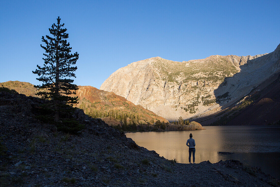 A visitor to Yosemite National Park stands on the rocky shore of Ellery Lake.; Yosemite National Park, California