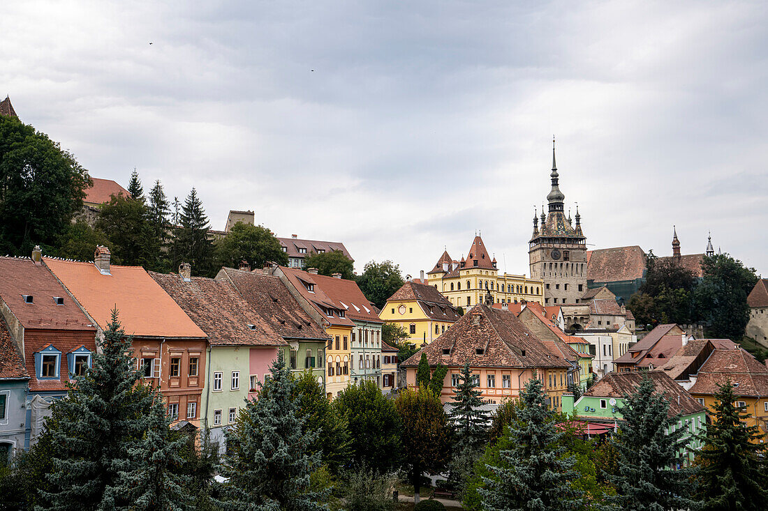 Blick über Dächer zum Uhrenturm der Zitadelle und Altstadt von Sighisoara, dem Geburtsort von Vlad Tepes (Dracula) an einem bedeckten Tag; Sighisoara, Siebenbürgen, Rumänien