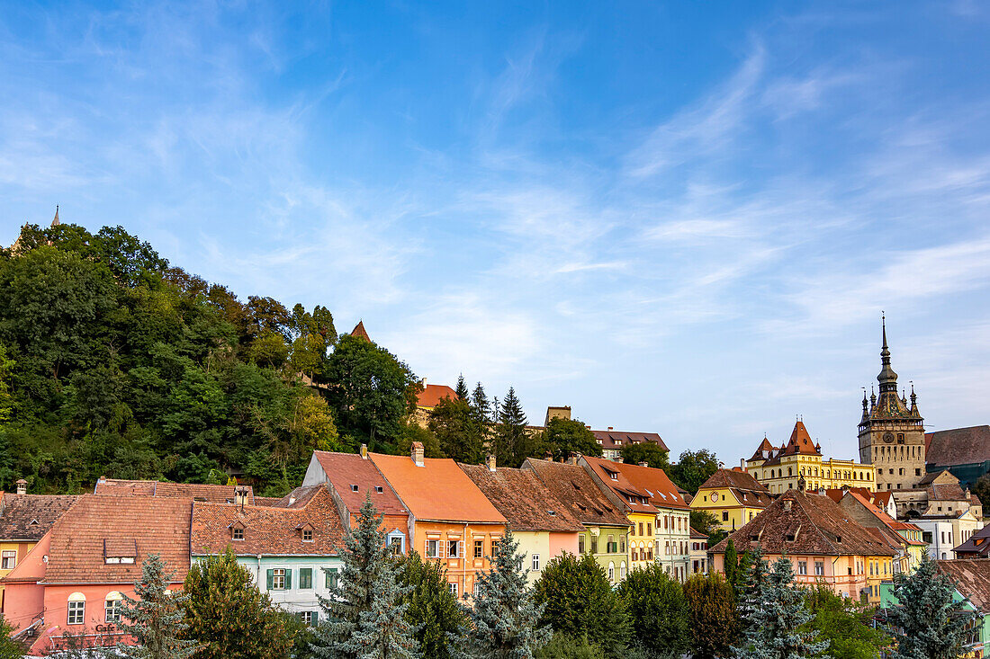 View over rooftops to the clock tower of the Citadel and Old Town of Sighisoara, birth place of Vlad Tepes (Dracula) on a sunny day; Sighisoara, Transylvania, Romania