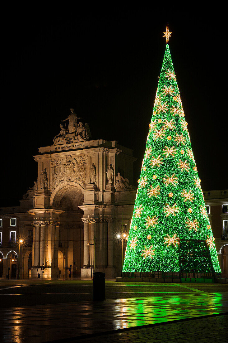 Christmas Tree decorative lights next to the Rua Augusta Arch in Praca Do Comercio; Lisbon, Estremadura, Portugal
