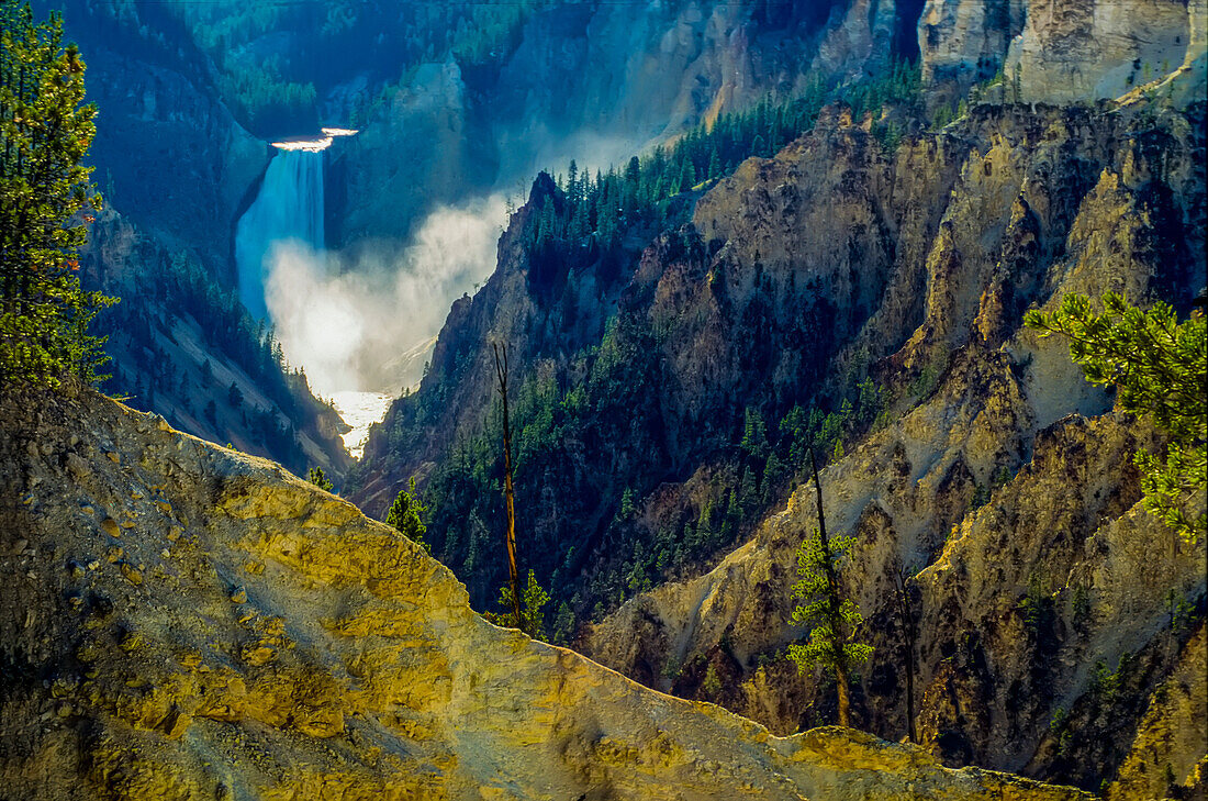 Frühes Morgenlicht beleuchtet die Gischt der Lower Falls of the Yellowstone River und verleiht dem gelben Schwefelgestein, das den Wasserfall im Grand Canyon of the Yellowstone umgibt, einen zusätzlichen goldenen Schimmer; Yellowstone National Park, Wyoming, Vereinigte Staaten von Amerika