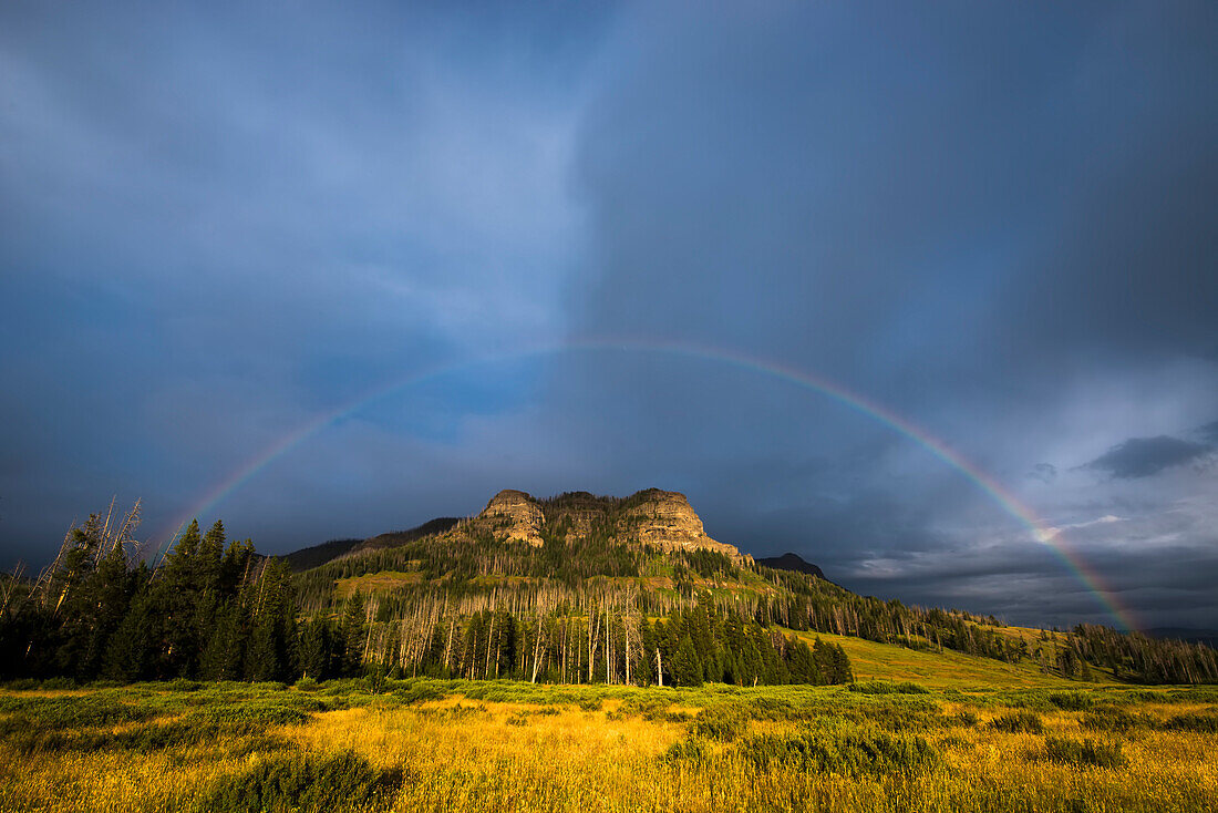 Rainbow arching over the Trident Ridge under a grey and blue sky with the sunlit golden grass of the plains in The Thorofare in Upper Yellowstone River Valley, Yellowstone National Park; Wyoming, United States of America
