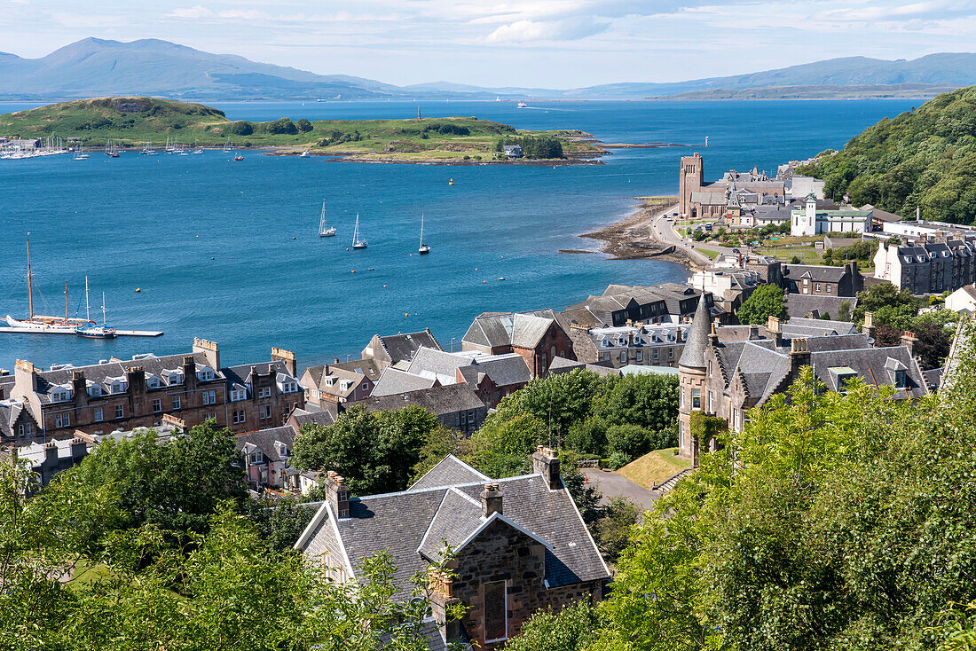 Boats rest in the harbour of Oban, Scotland; Oban, Scotland