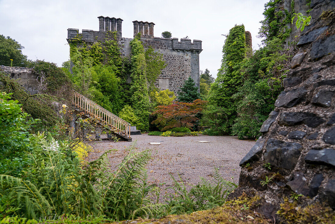 Lush vegetation overgrows a staircase and castle ruins at Armadale, Isle of Skye, Scotland, the home of Clan Donald; Armadale, Isle of Skye, Scotland